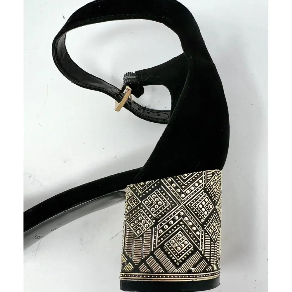 Nine West‎ Black Faux Suede Ankle Strap Gold Design Block Heels Size 6.5M